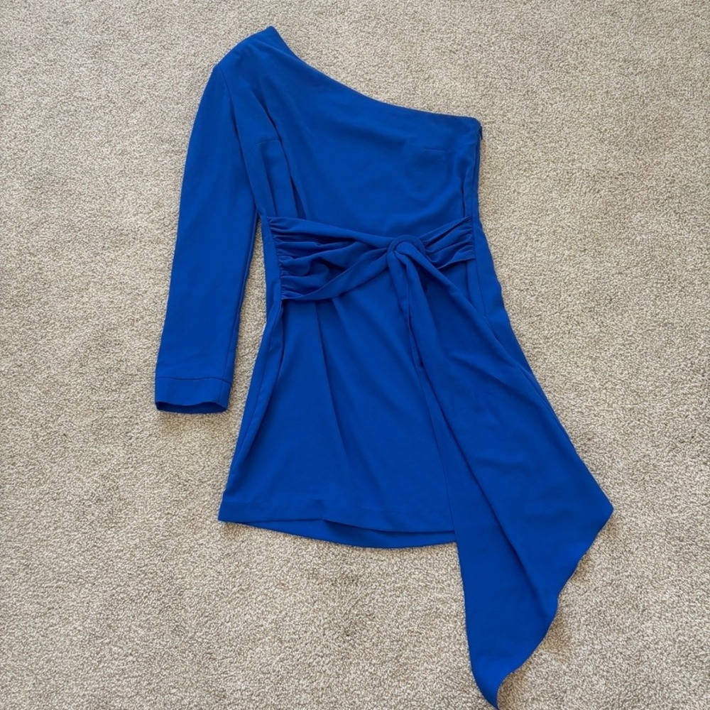 Amanda Uprichard One Shoulder Mini Dress Womens M Blue Long Sleeve Party
